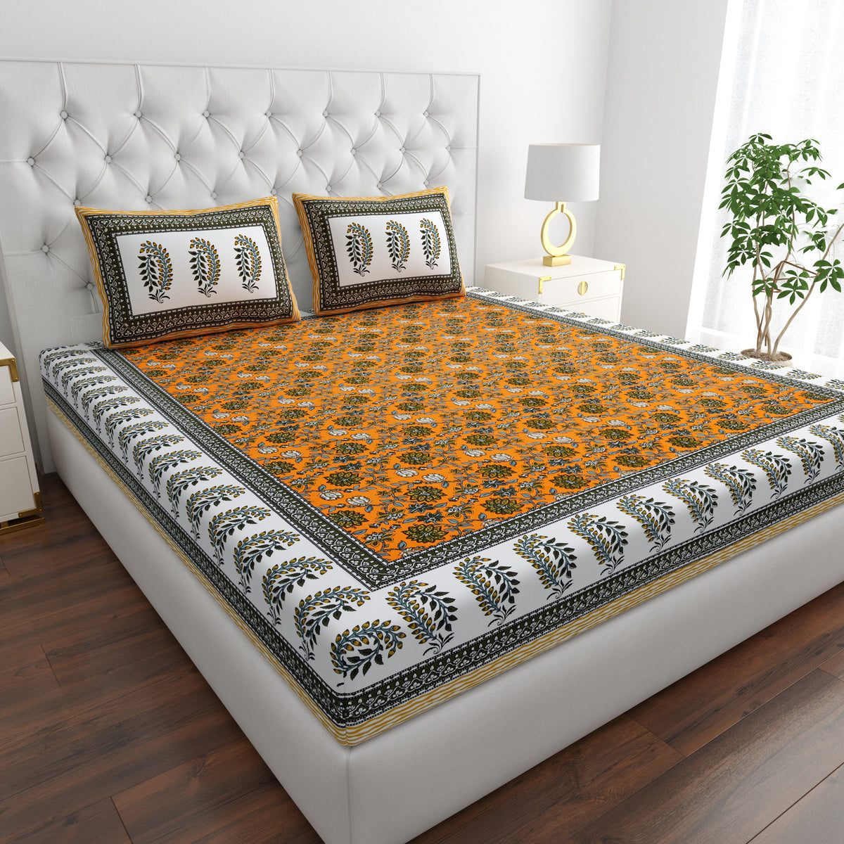 Jaipuri Mustard Bedsheet Set - Queen Size
