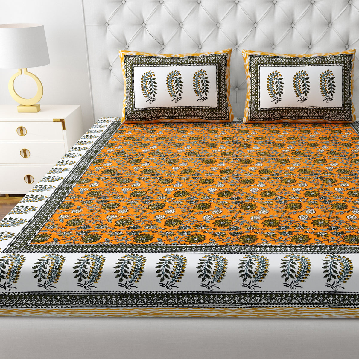 Jaipuri Mustard Bedsheet Set - Queen Size