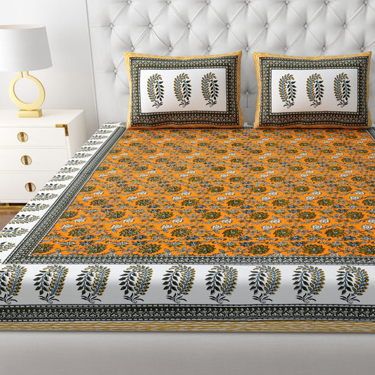 Jaipuri Mustard Bedsheet Set - Queen Size
