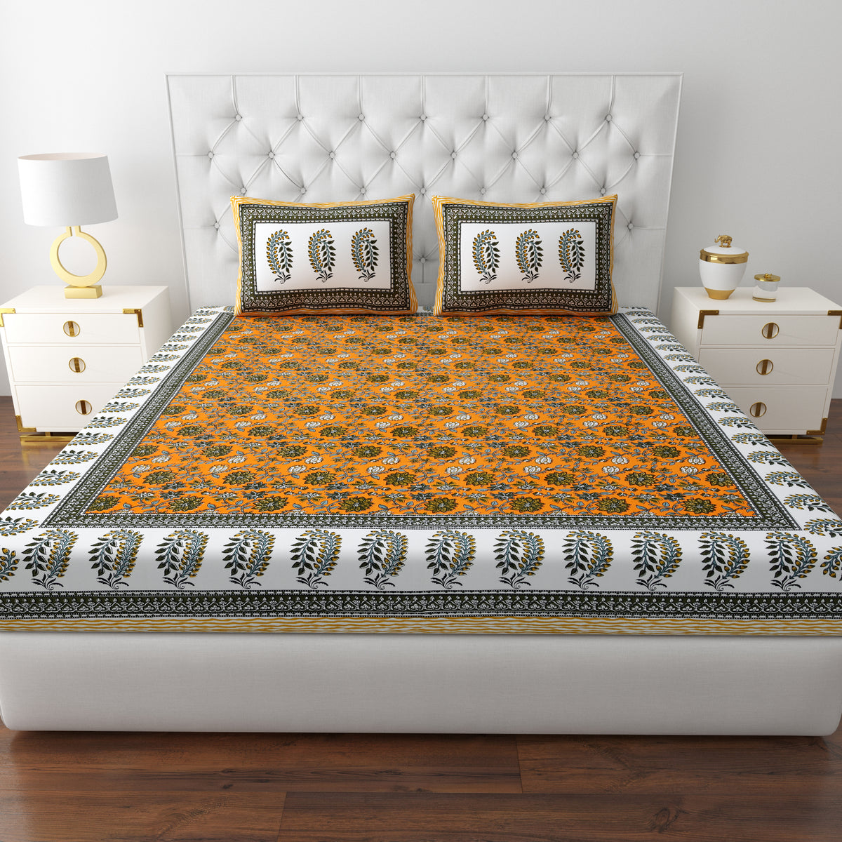 Jaipuri Mustard Bedsheet Set - Queen Size