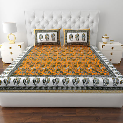 Jaipuri Mustard Bedsheet Set - Queen Size